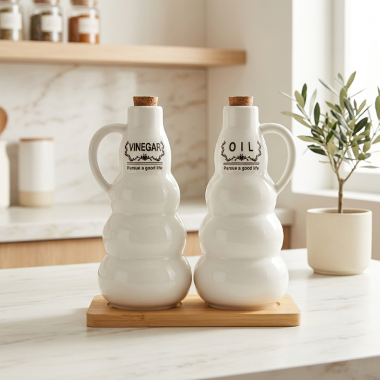 Porcelain Oil Dispenser Set 2 Pcs With Wooden Stand